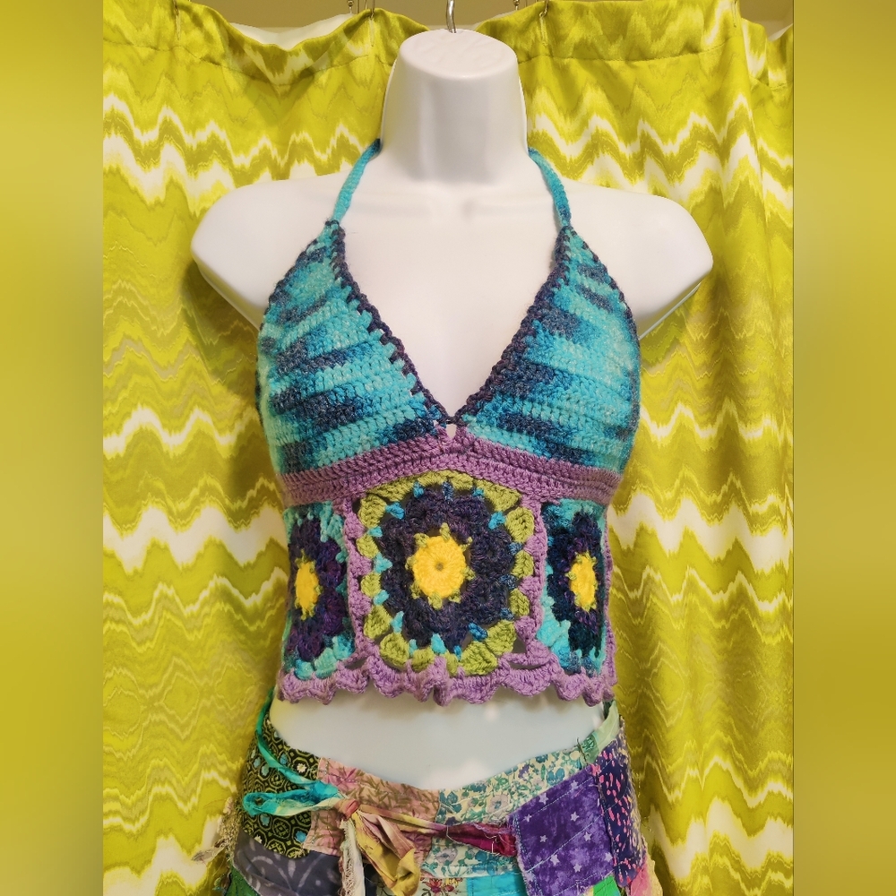 Handmade Crochet Halter Top with Blue and Purple Flowers